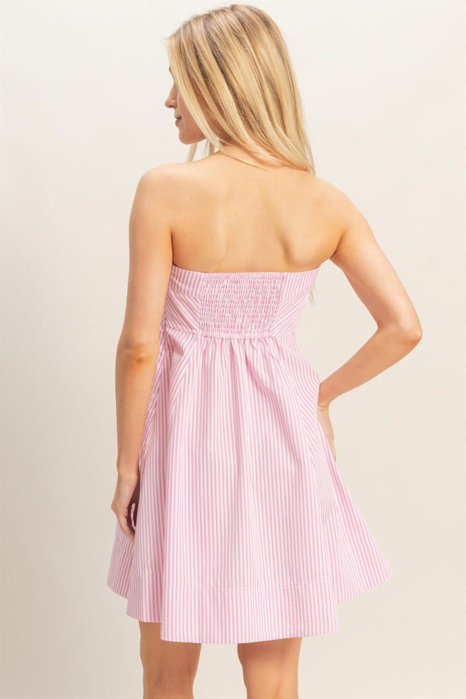 Light Pink Striped Strapless A-Line Dress