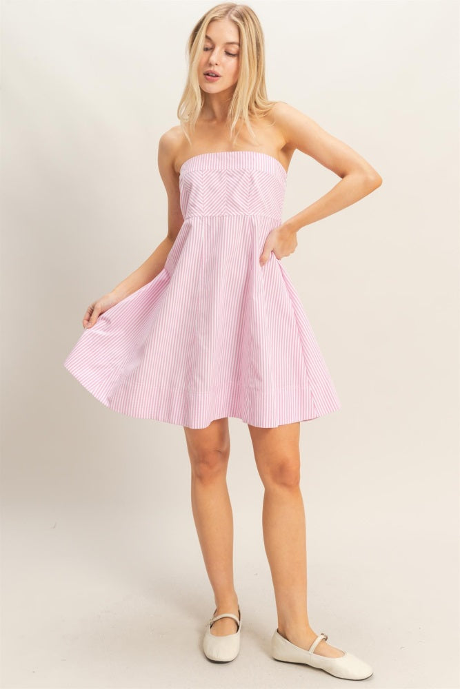Light Pink Striped Strapless A-Line Dress