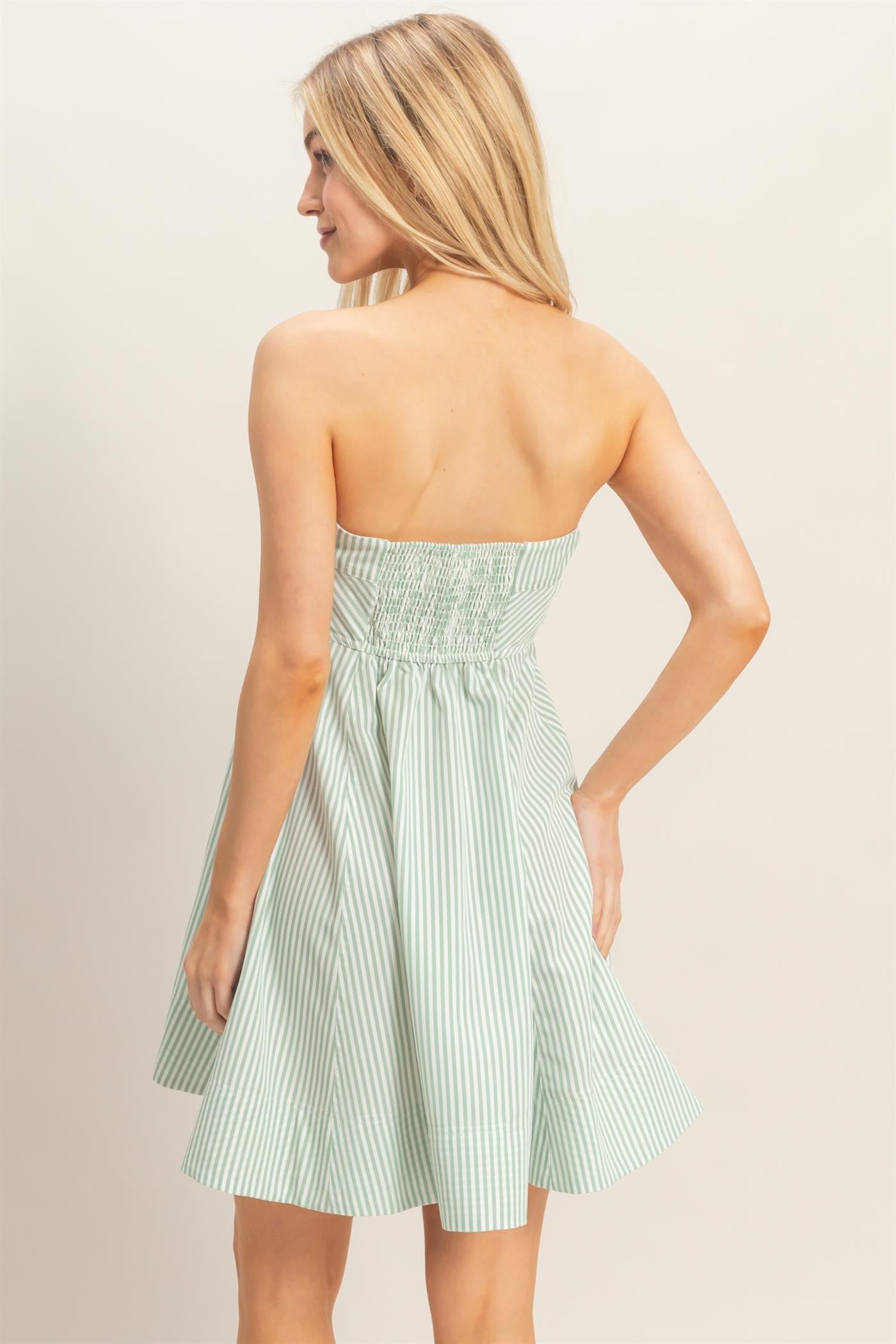 Sage Striped Strapless A-Line Dress