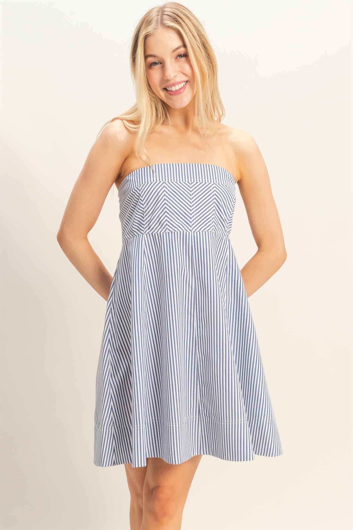 Navy Striped Strapless A-Line Maternity Dress