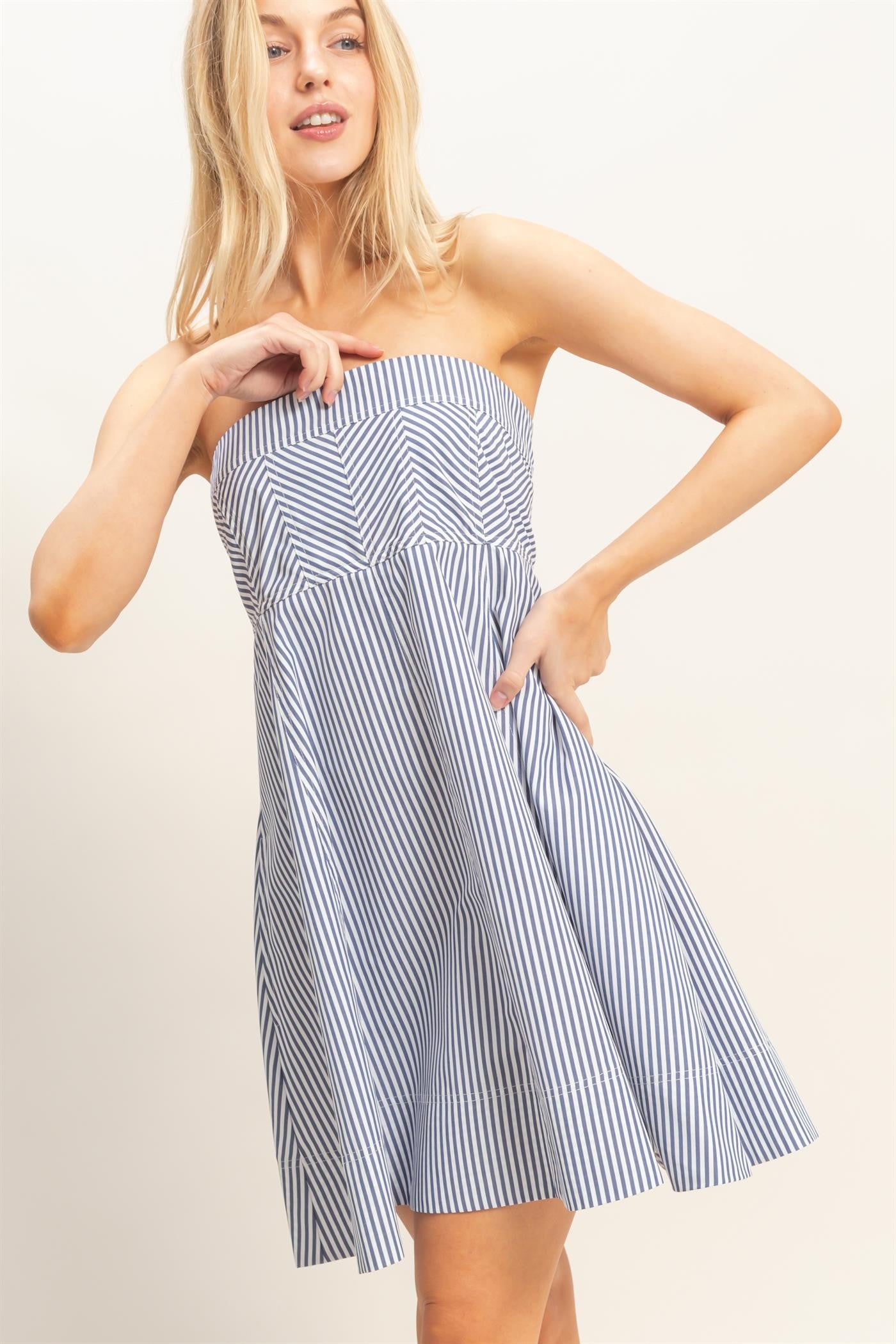 Navy Striped Strapless A-Line Dress