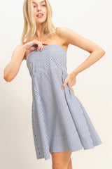 Navy Striped Strapless A-Line Dress
