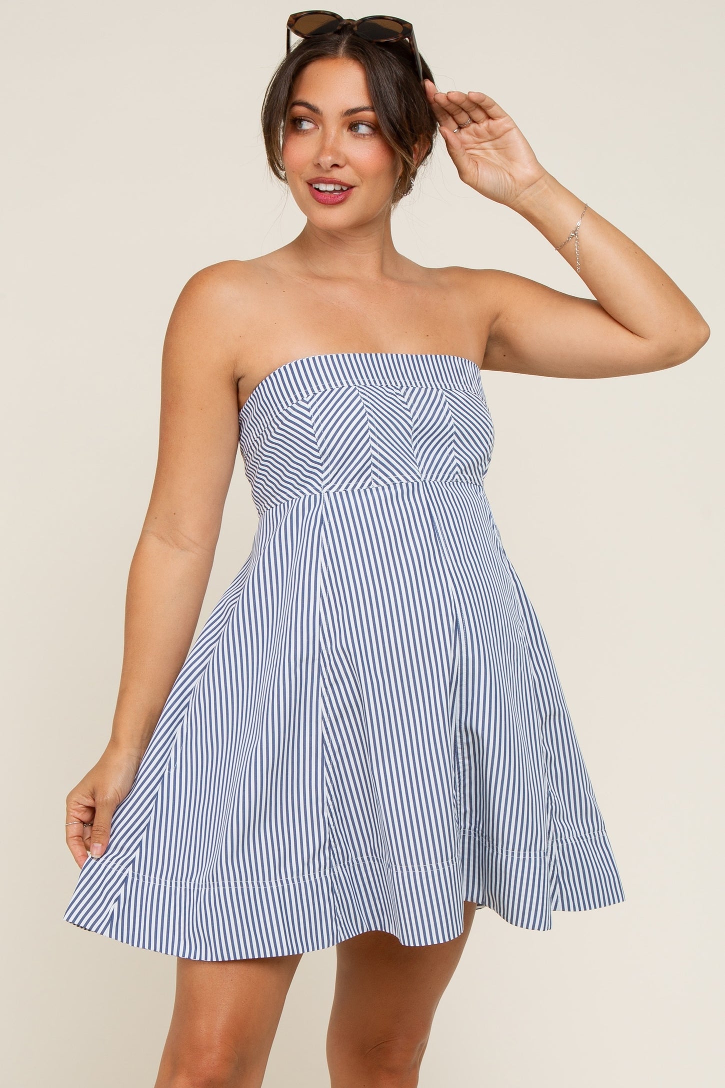Navy Striped Strapless A-Line Maternity Dress