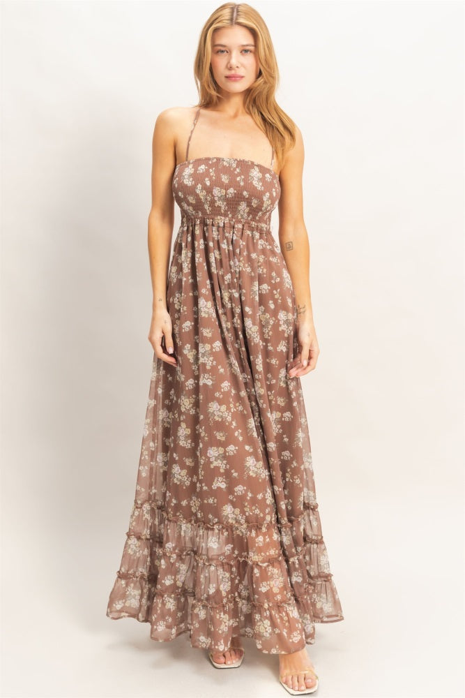 Brown Floral Smocked Open Back Maternity Maxi Dress