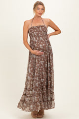 Brown Floral Smocked Open Back Maternity Maxi Dress