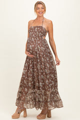 Brown Floral Smocked Open Back Maternity Maxi Dress