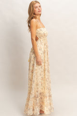 Yellow Floral Smocked Open Back Maxi Dress