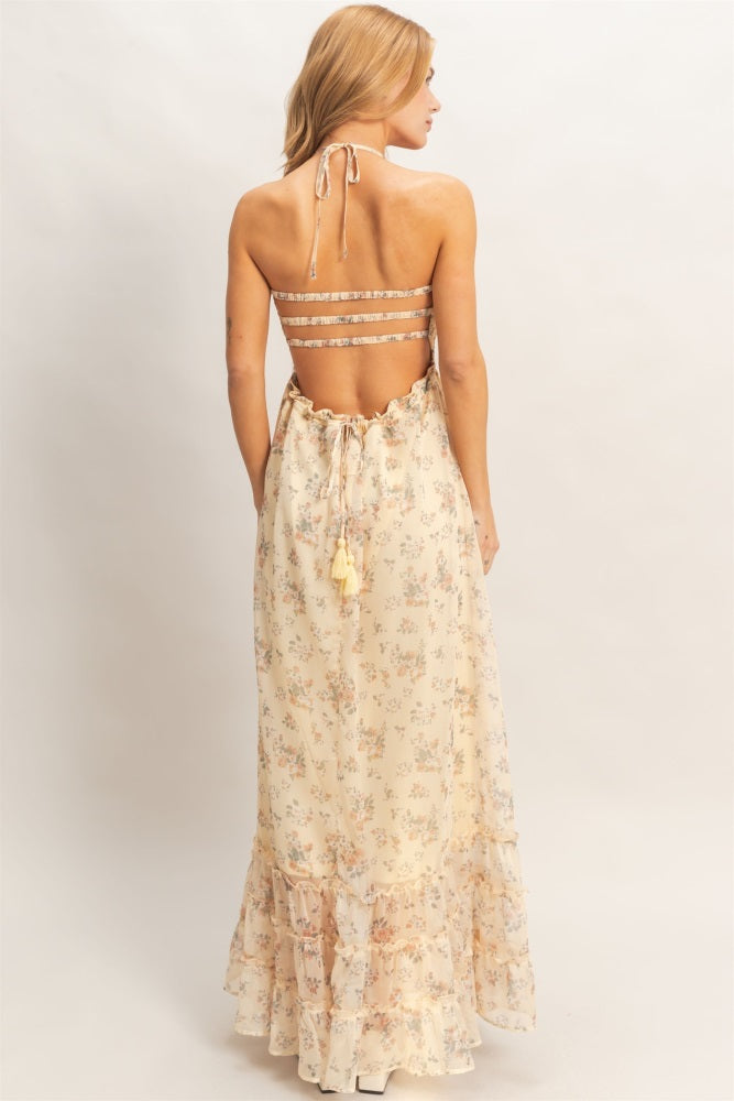 Yellow Floral Smocked Open Back Maxi Dress