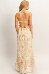 Yellow Floral Smocked Open Back Maxi Dress