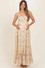 Yellow Floral Smocked Open Back Maternity Maxi Dress