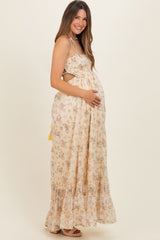 Yellow Floral Smocked Open Back Maternity Maxi Dress