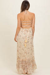 Yellow Floral Smocked Open Back Maternity Maxi Dress