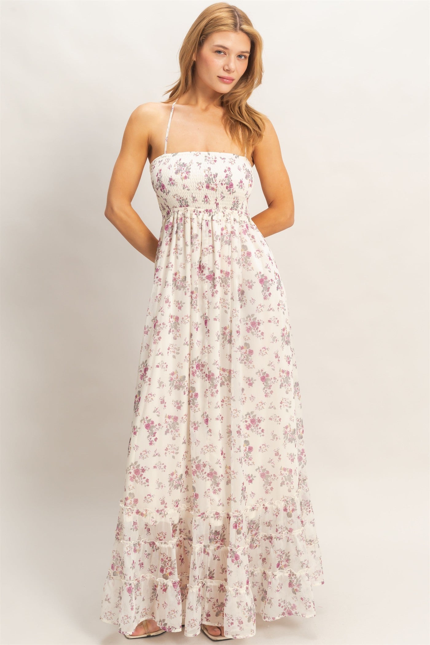 Ivory Floral Smocked Open Back Maternity Maxi Dress