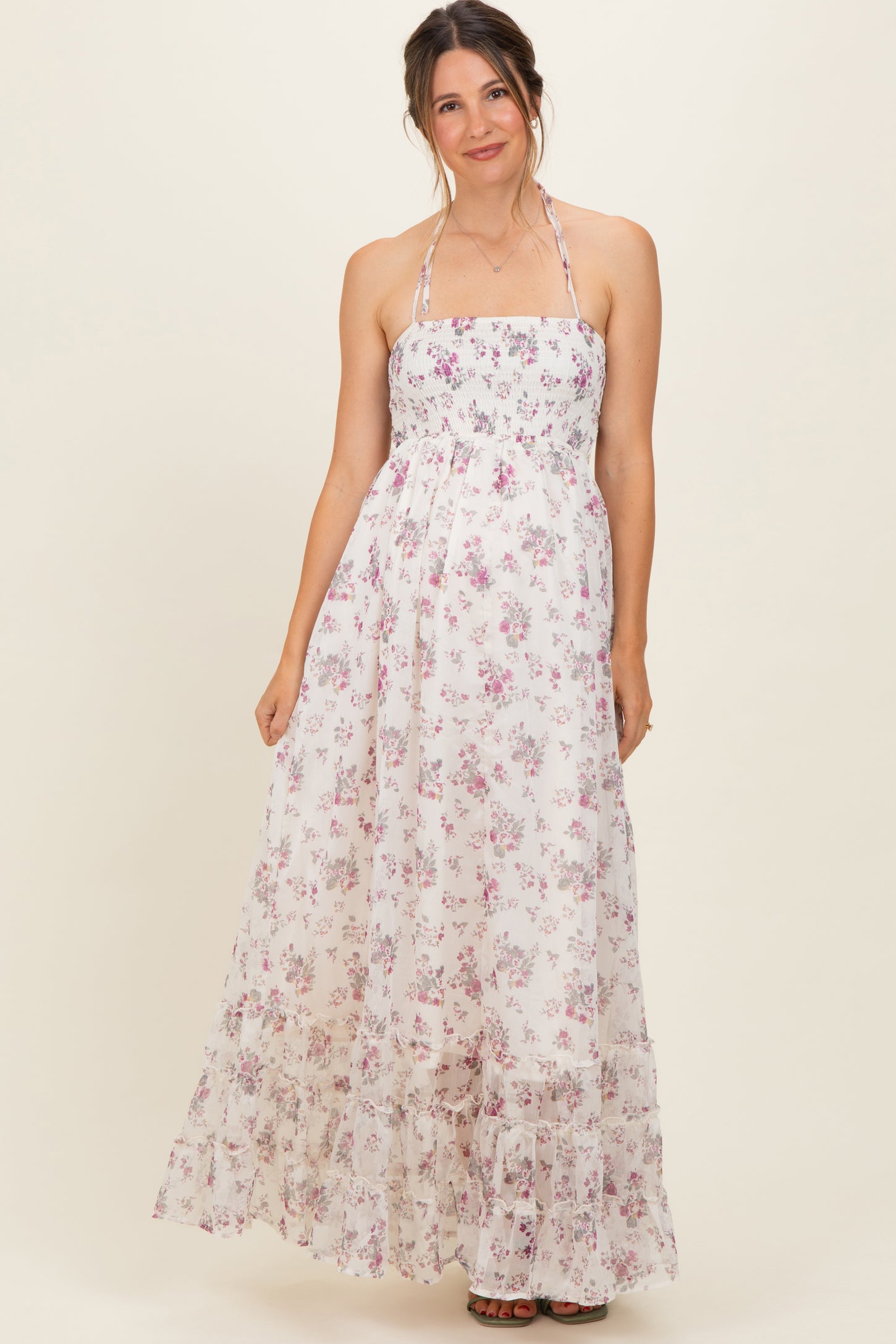 Ivory Floral Smocked Open Back Maternity Maxi Dress