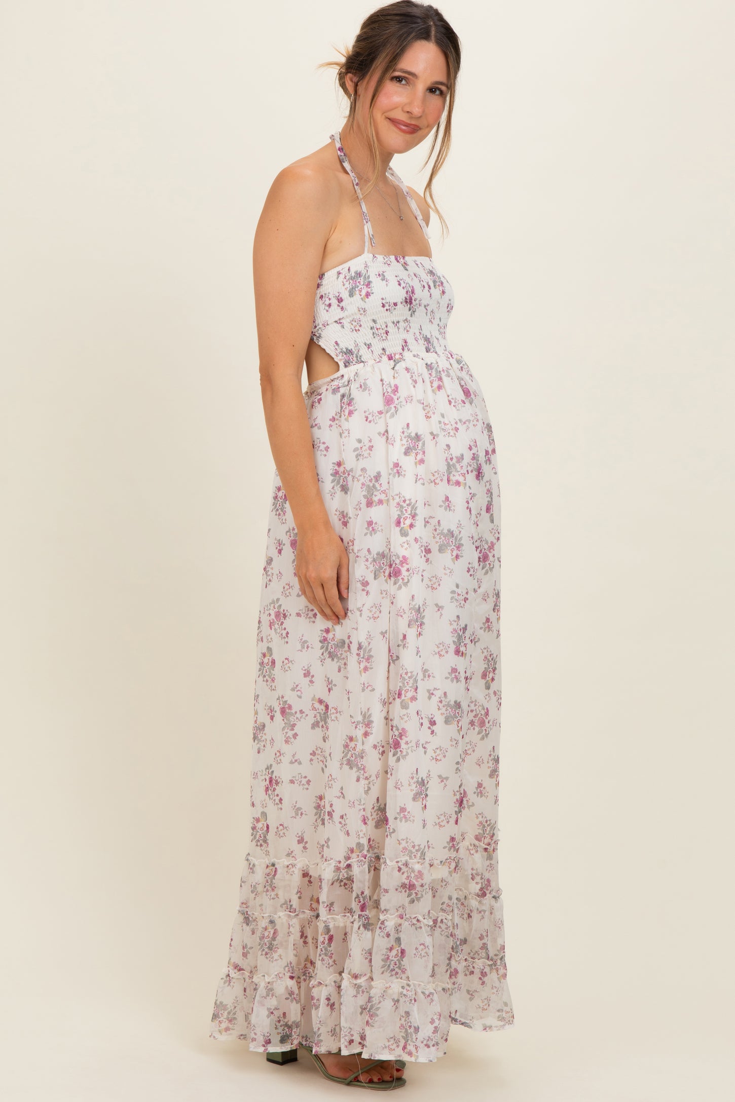 Ivory Floral Smocked Open Back Maternity Maxi Dress
