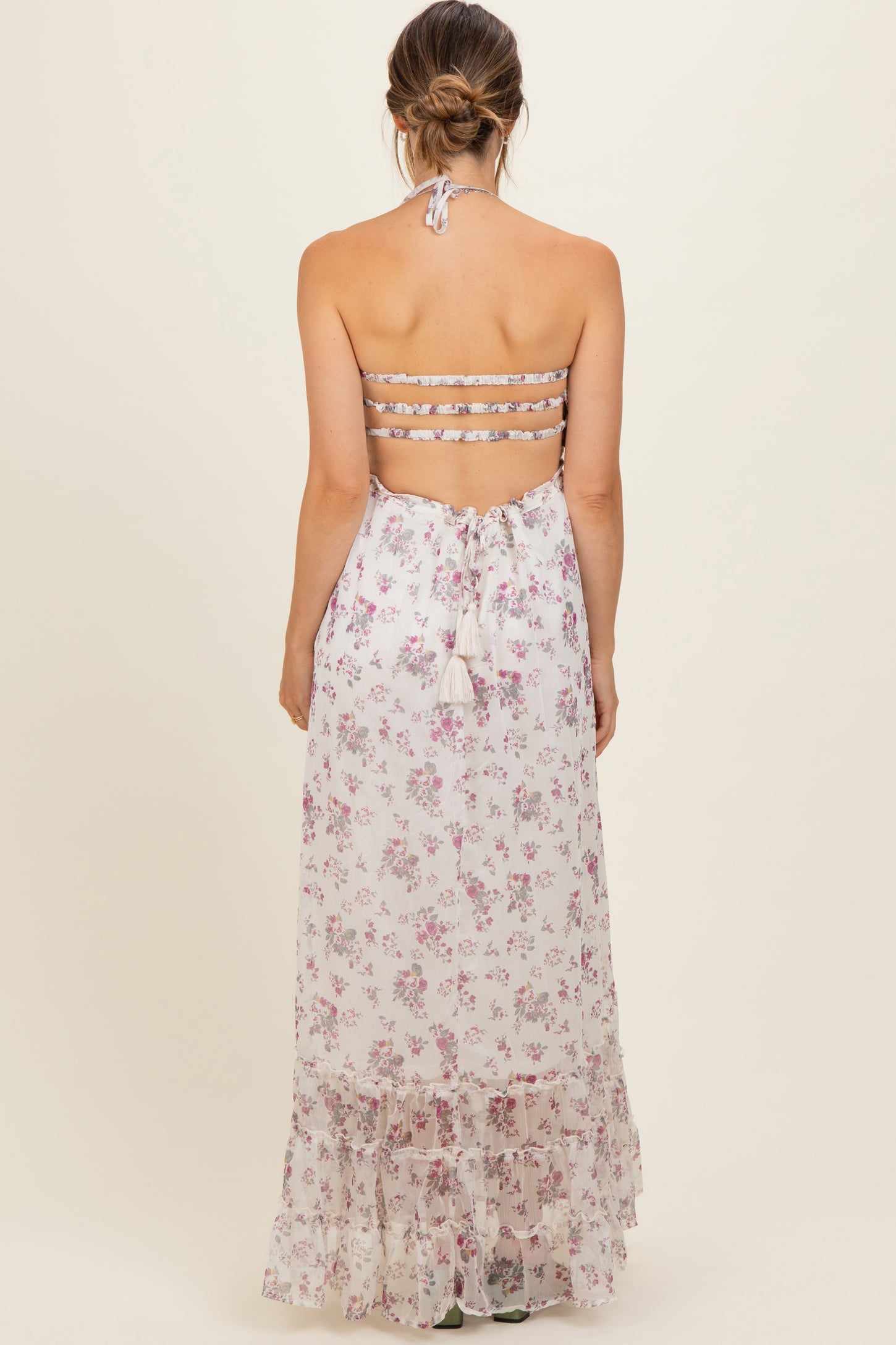 Ivory Floral Smocked Open Back Maternity Maxi Dress