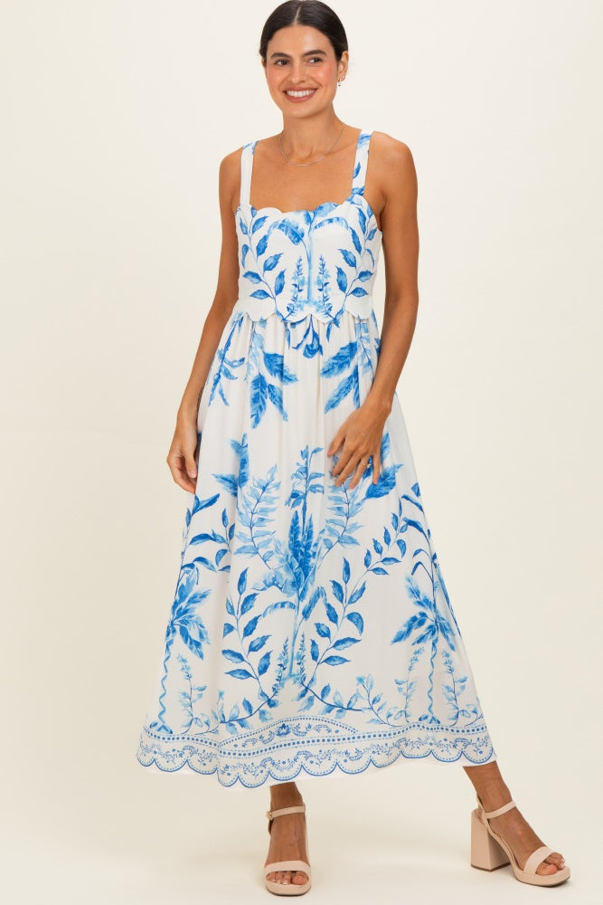 Blue Printed Scallop Detail Sleeveless Maternity Midi Dress