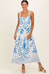 Blue Printed Scallop Detail Sleeveless Maternity Midi Dress
