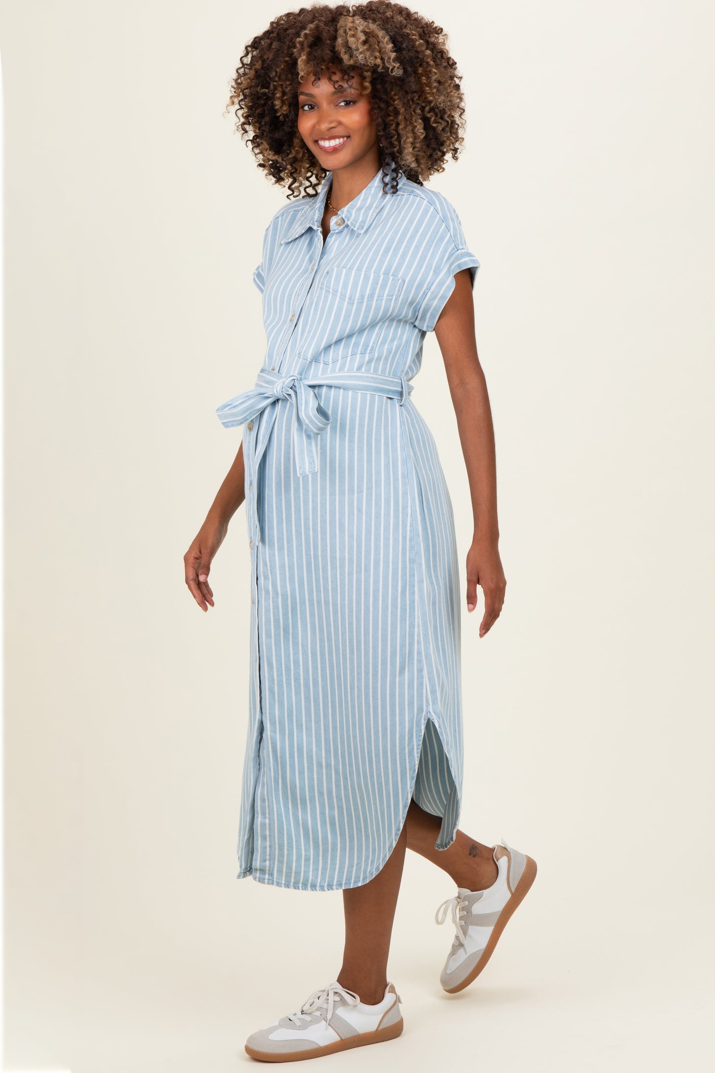 Light Blue Striped Chambray Maternity Midi Shirt Dress