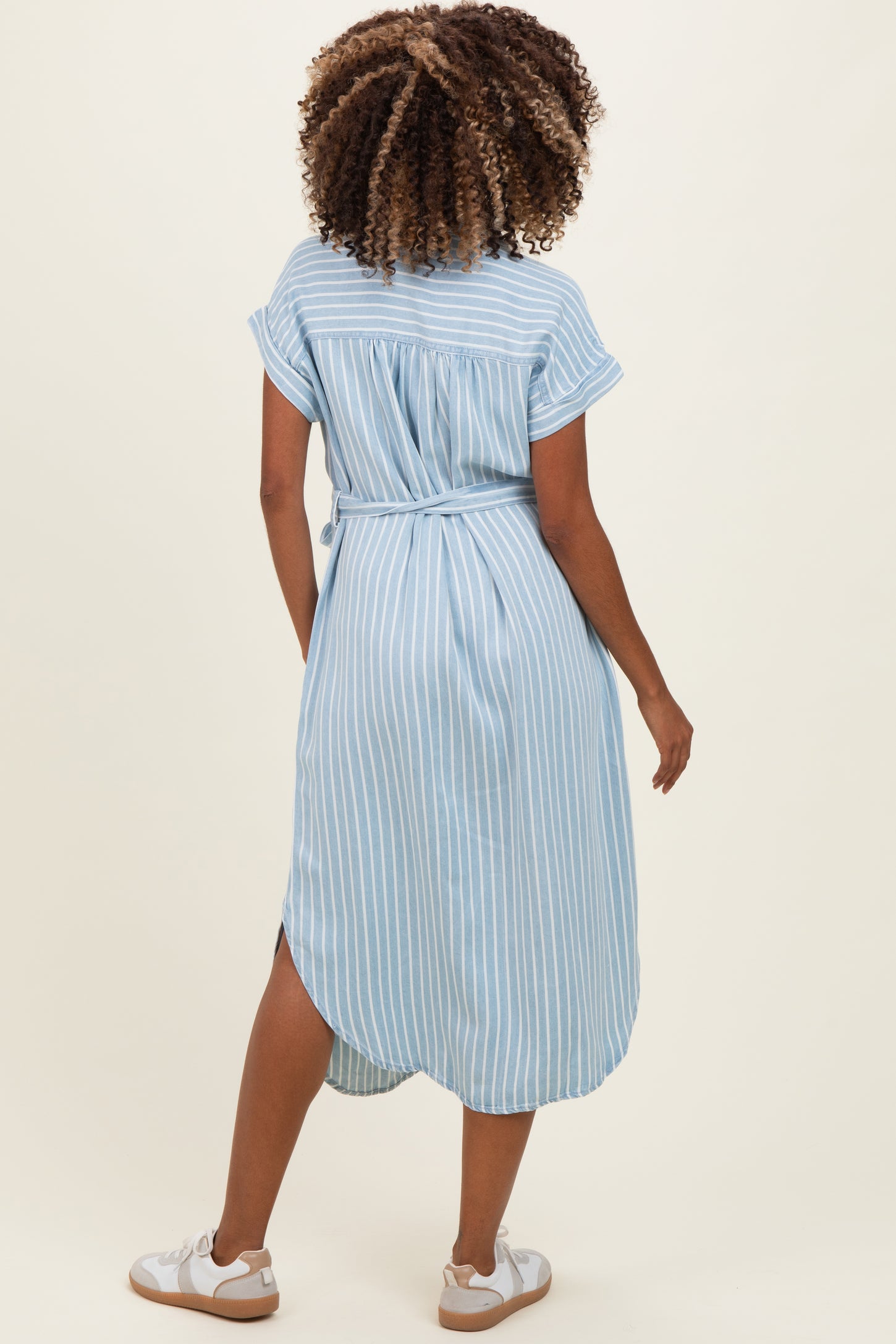 Light Blue Striped Chambray Maternity Midi Shirt Dress