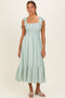 Sage Floral Stripe Smocked Shoulder Tie Midi Dress