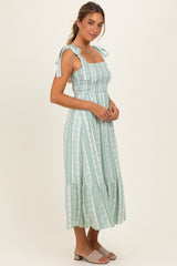 Sage Floral Stripe Smocked Shoulder Tie Midi Dress