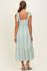 Sage Floral Stripe Smocked Shoulder Tie Midi Dress
