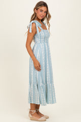 Sky Floral Stripe Smocked Shoulder Tie Midi Dress