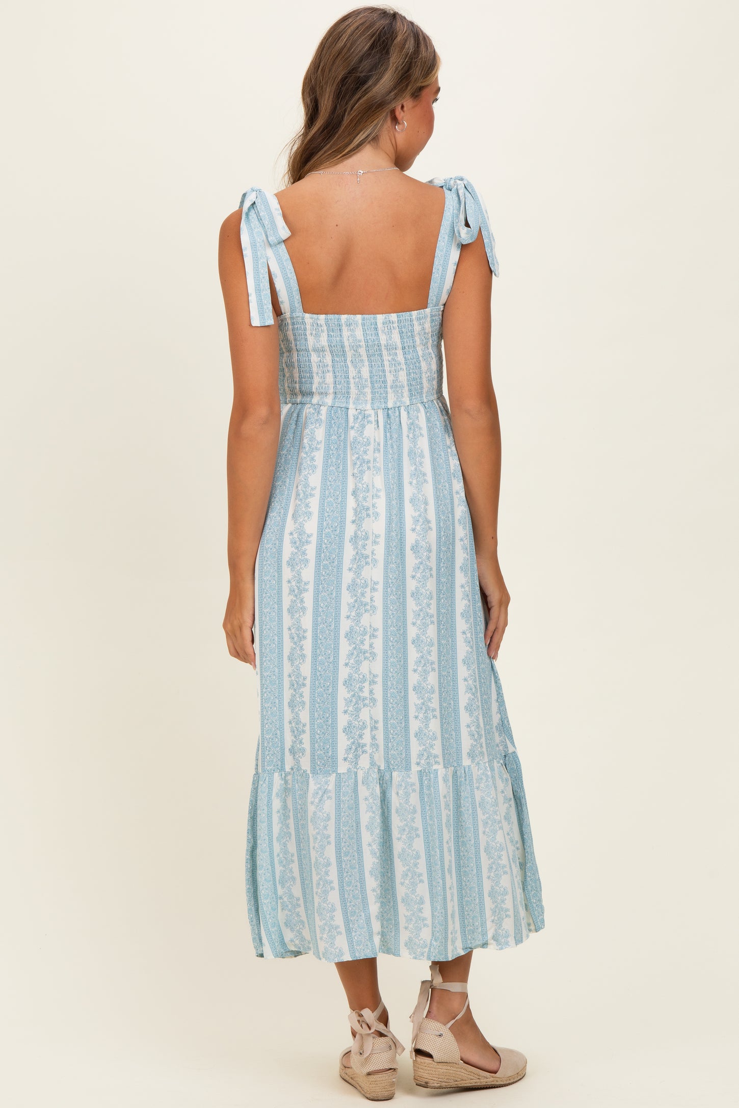 Sky Floral Stripe Smocked Shoulder Tie Midi Dress