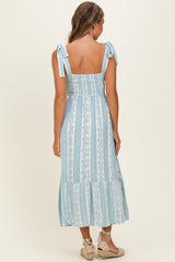 Sky Floral Stripe Smocked Shoulder Tie Midi Dress