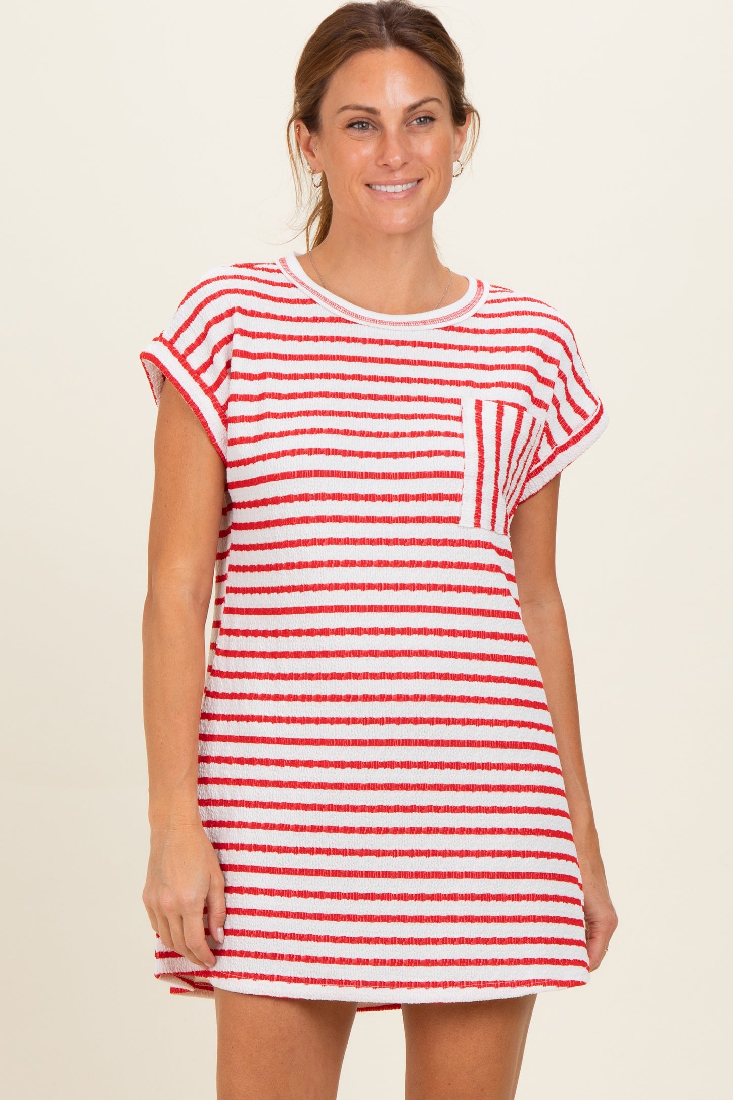 Red Textured Stripe Knit Maternity T-Shirt Dress