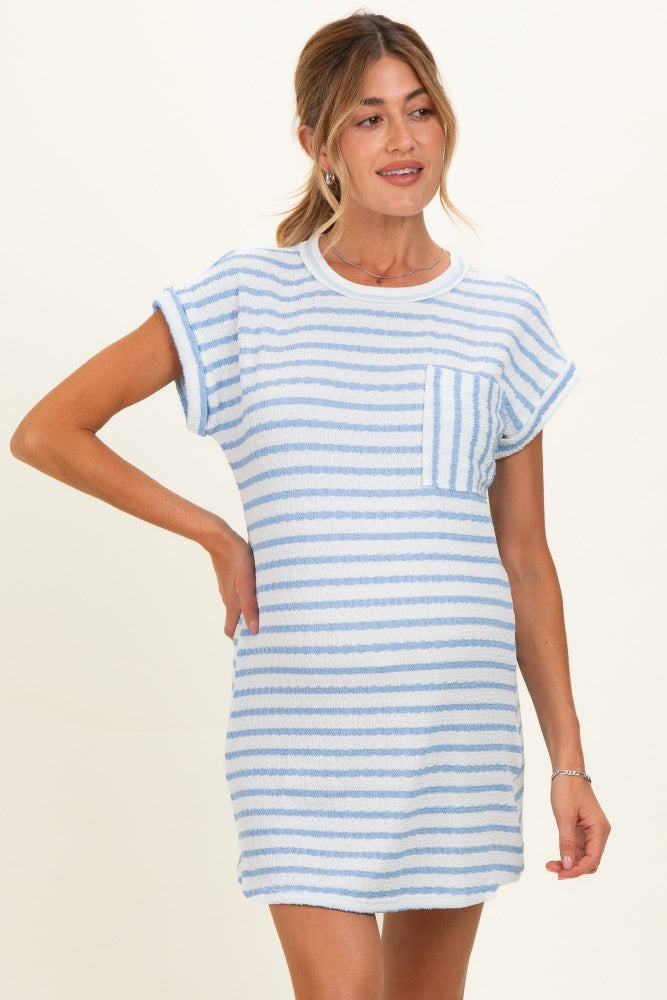 Light Blue Textured Stripe Knit Maternity T-Shirt Dress
