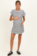 Black Textured Stripe Knit Maternity T-Shirt Dress