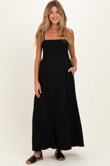 Black Pom Pom Strap Smocked Maternity Maxi Dress