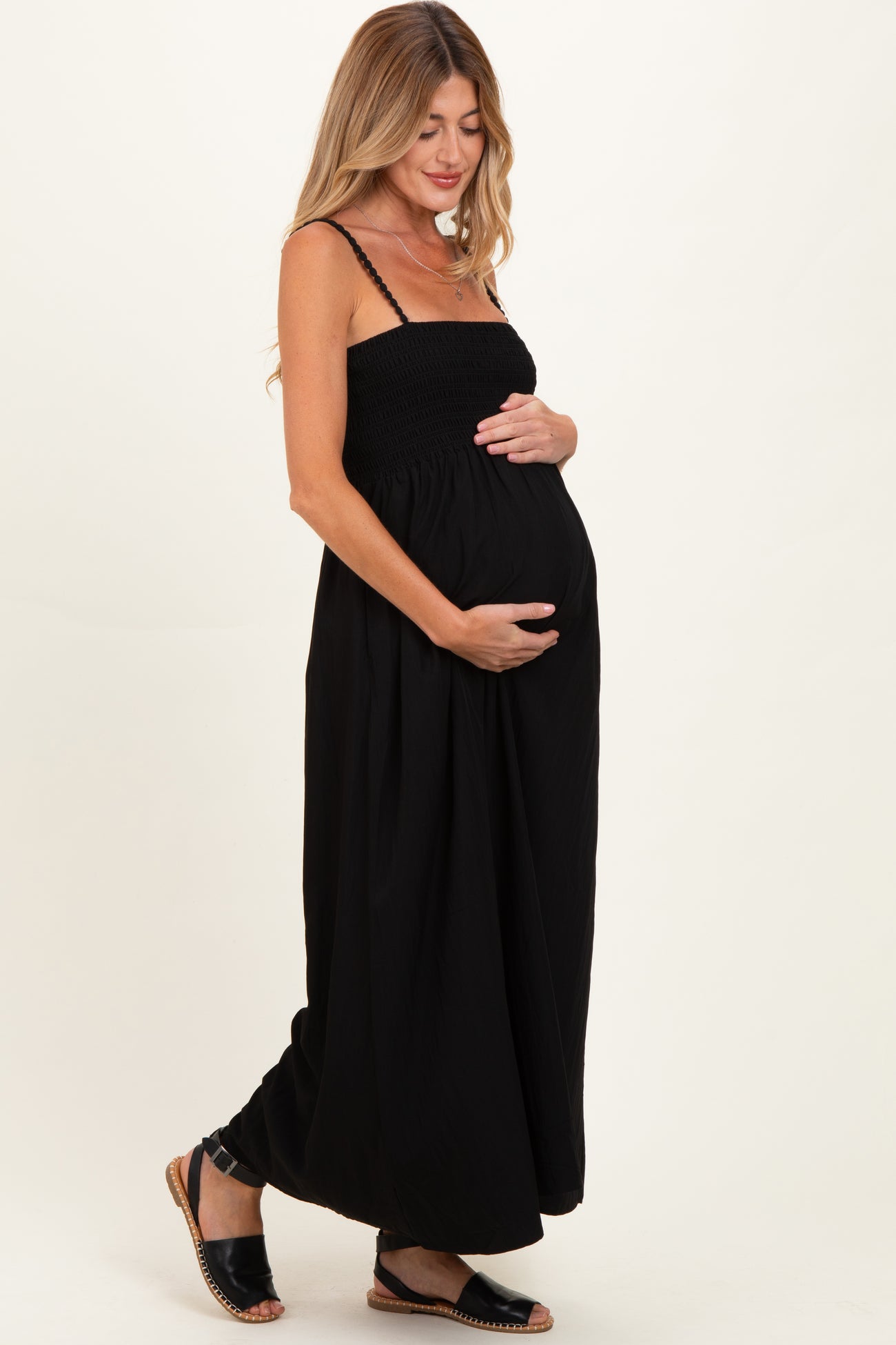 Black Pom Pom Strap Smocked Maternity Maxi Dress