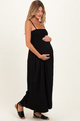 Black Pom Pom Strap Smocked Maternity Maxi Dress