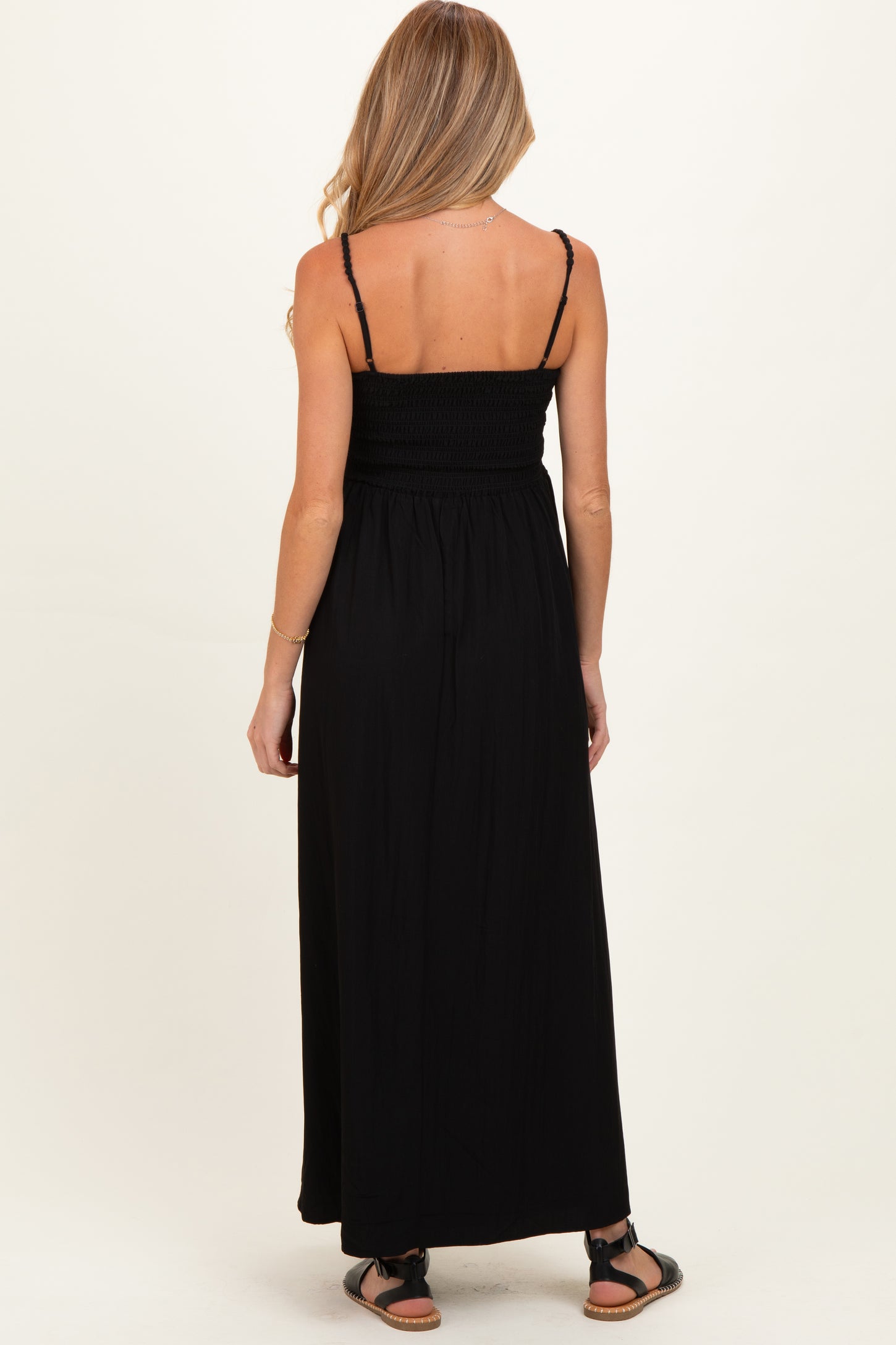 Black Pom Pom Strap Smocked Maternity Maxi Dress
