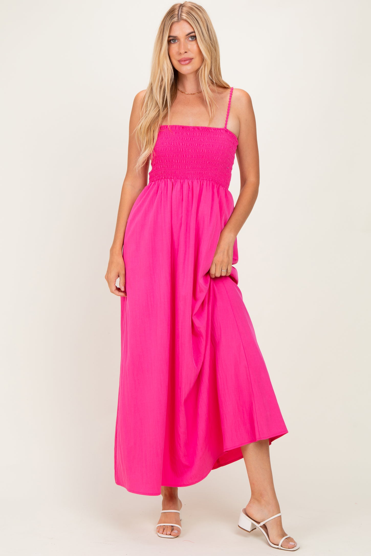 Hot Pink Pom Pom Strap Smocked Maternity Maxi Dress