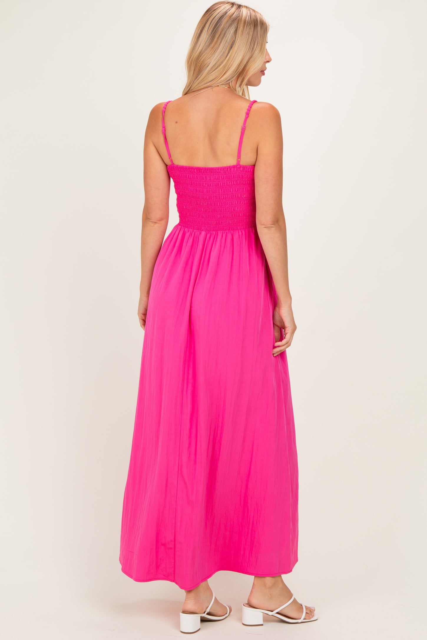 Hot Pink Pom Pom Strap Smocked Maxi Dress