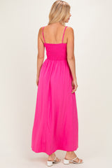 Hot Pink Pom Pom Strap Smocked Maxi Dress