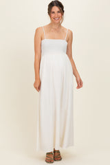 Off White Pom Pom Strap Smocked Maternity Maxi Dress