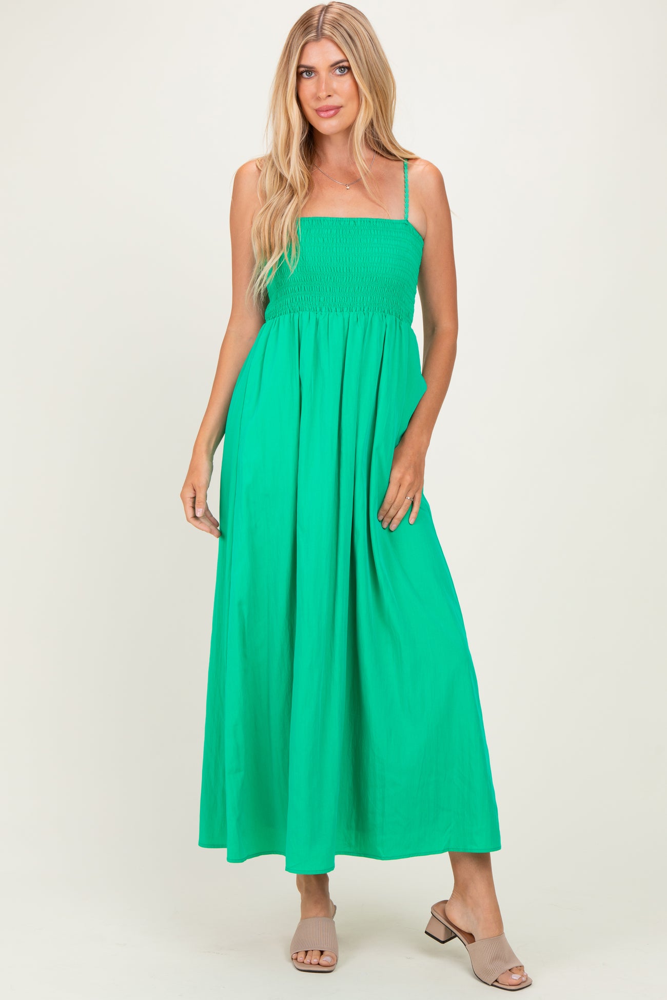 Green Pom Pom Strap Smocked Maternity Maxi Dress