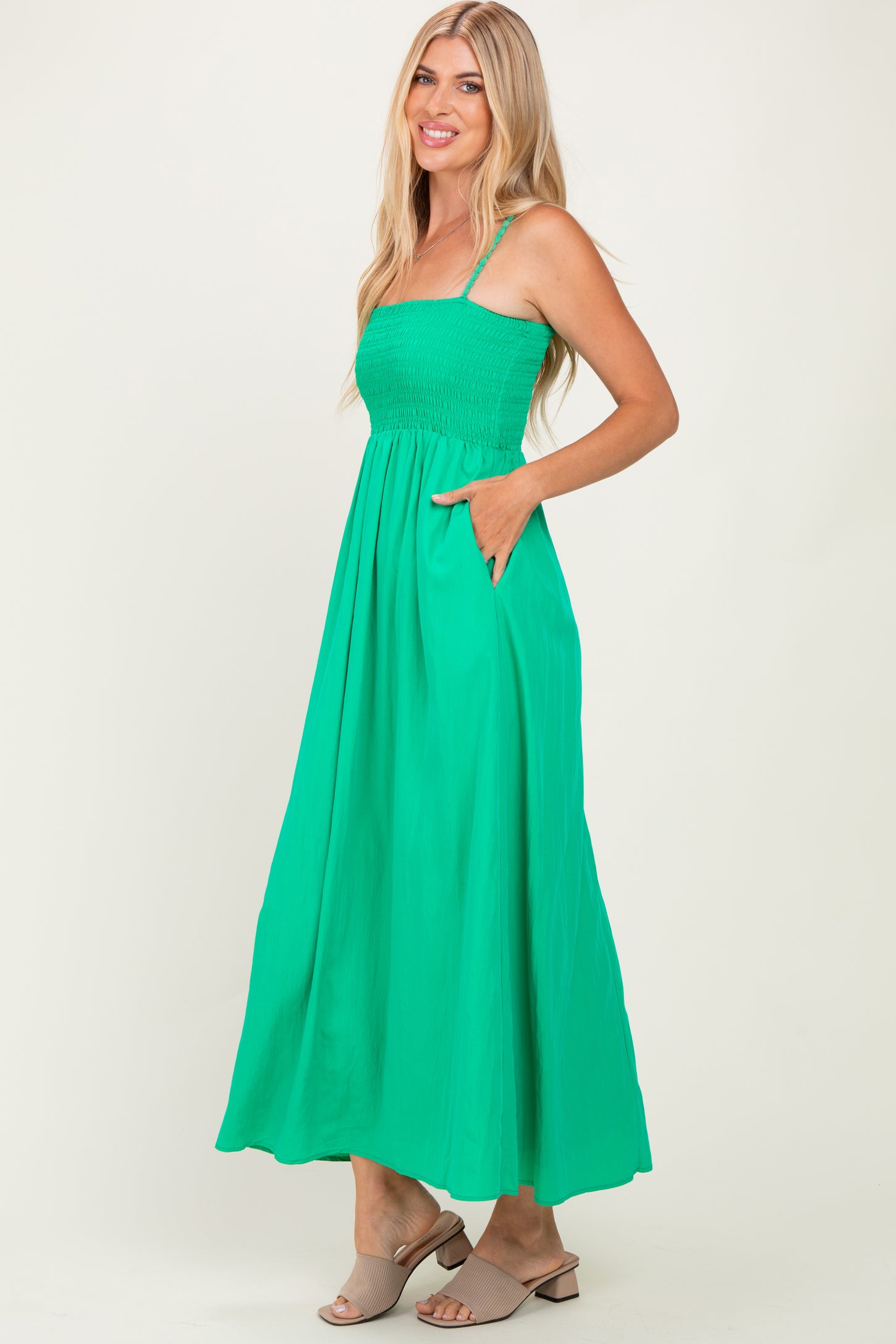 Green Pom Pom Strap Smocked Maxi Dress