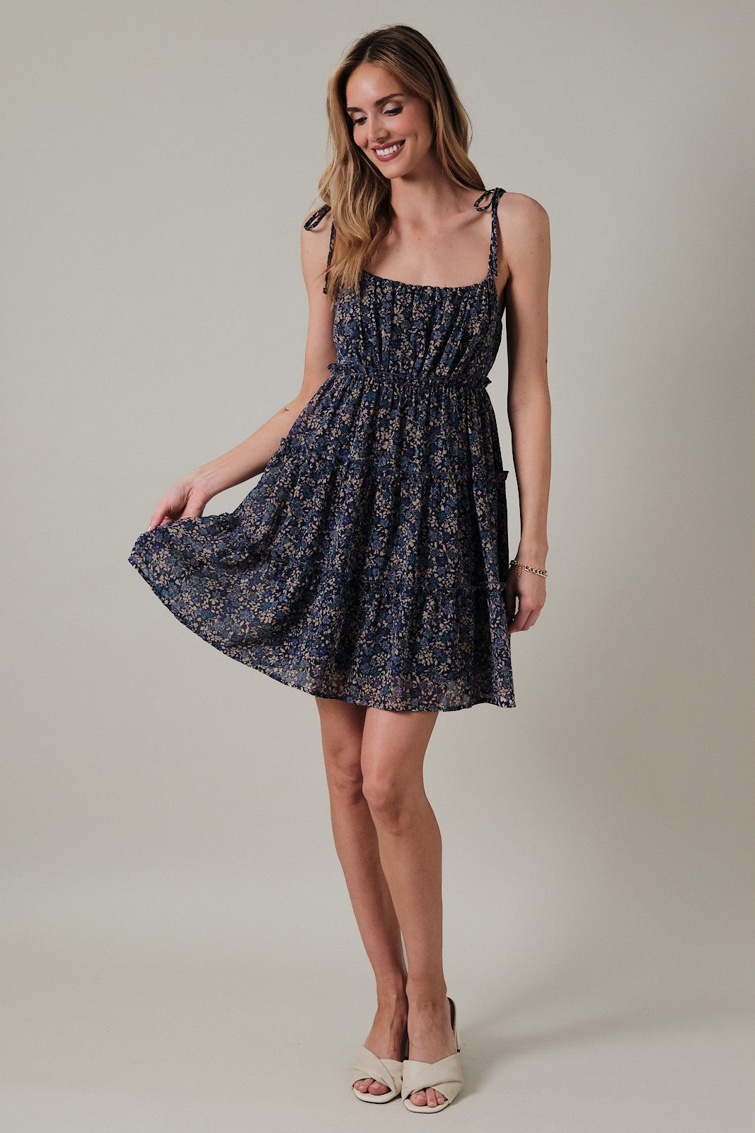 Navy Floral Shoulder Tie Tiered Mini Dress