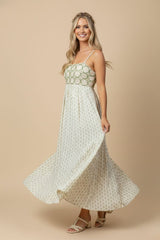 Green Floral Crochet Bodice Maxi Dress