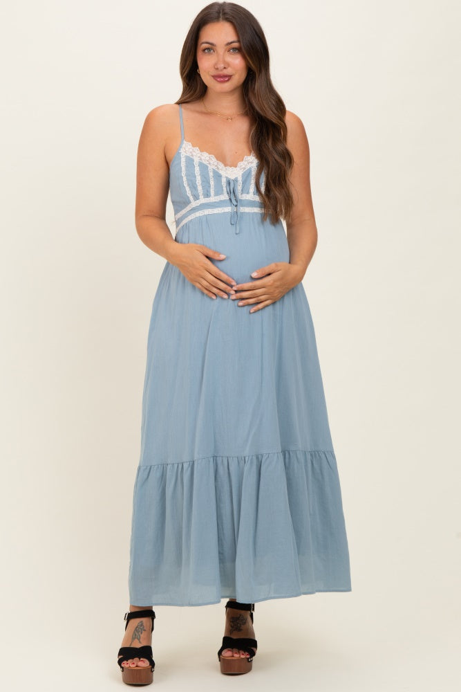Blue Lace Accent Maternity Maxi Dress