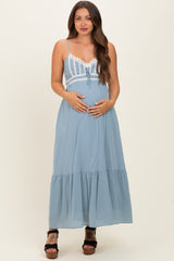Blue Lace Accent Maternity Maxi Dress