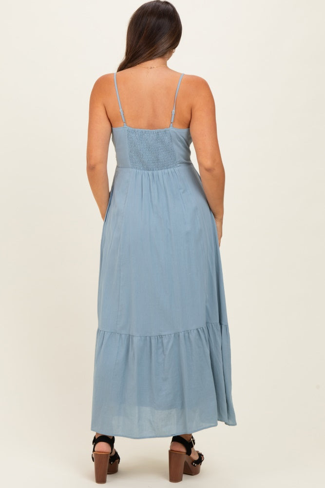 Blue Lace Accent Maternity Maxi Dress