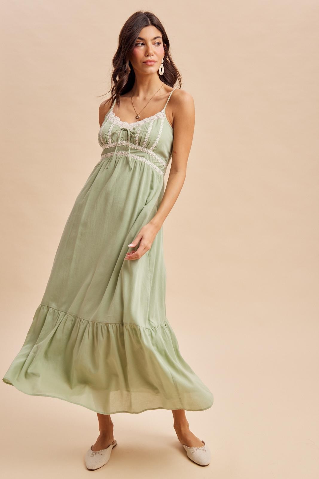 Moss Green Lace Accent Maxi Dress