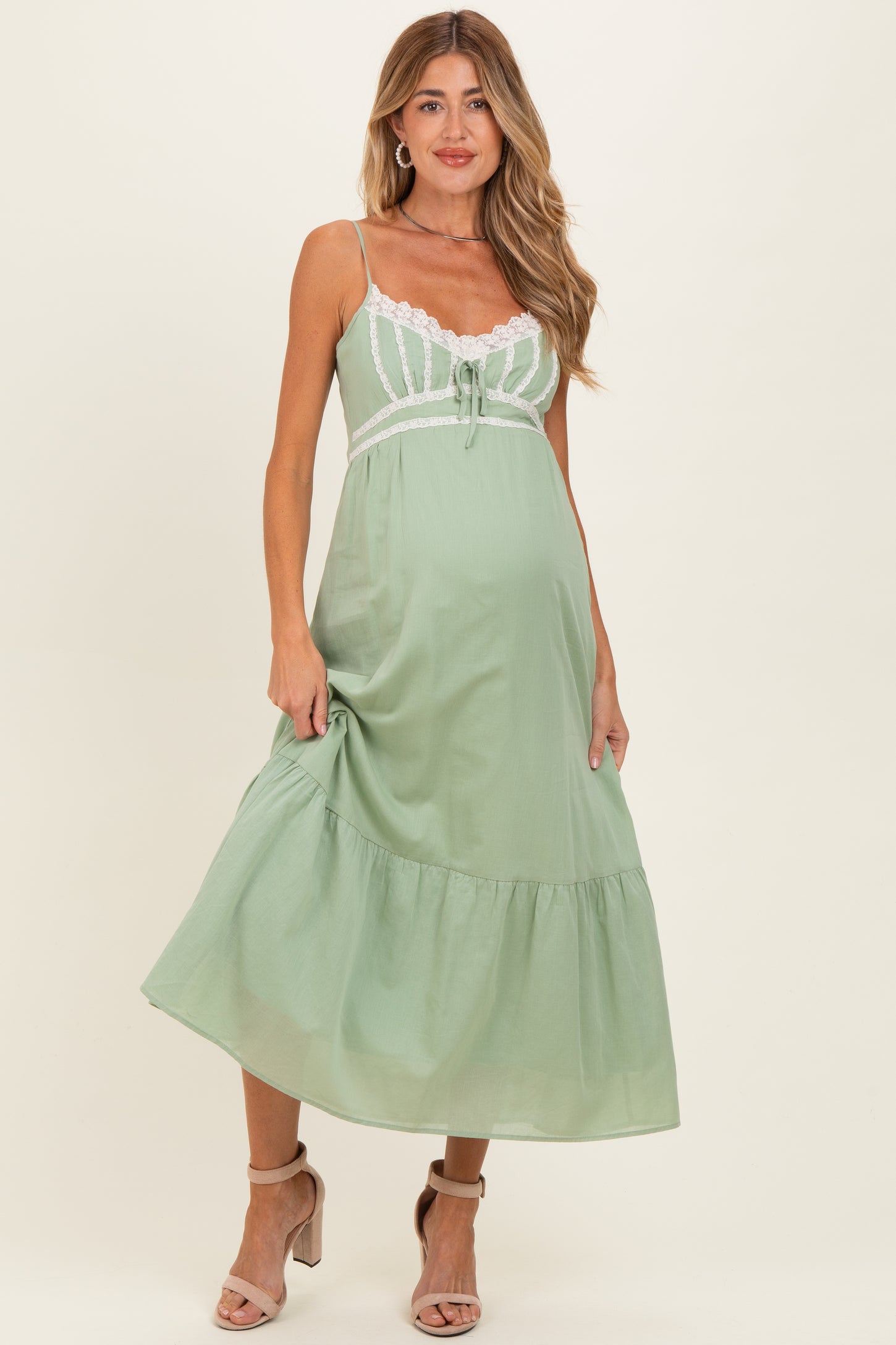 Moss Green Lace Accent Maternity Maxi Dress
